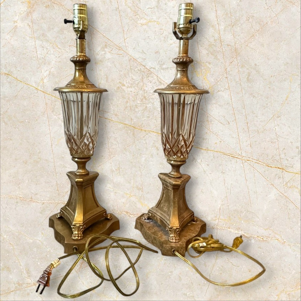 Coordinating Vintage Hollywood Regency Gold Cut Glass Table Lamps 22"